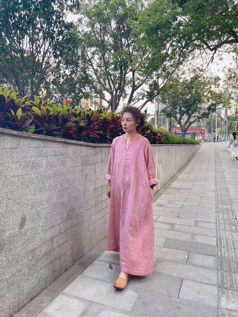 2025春夏棉麻女装提花亚麻连衣裙