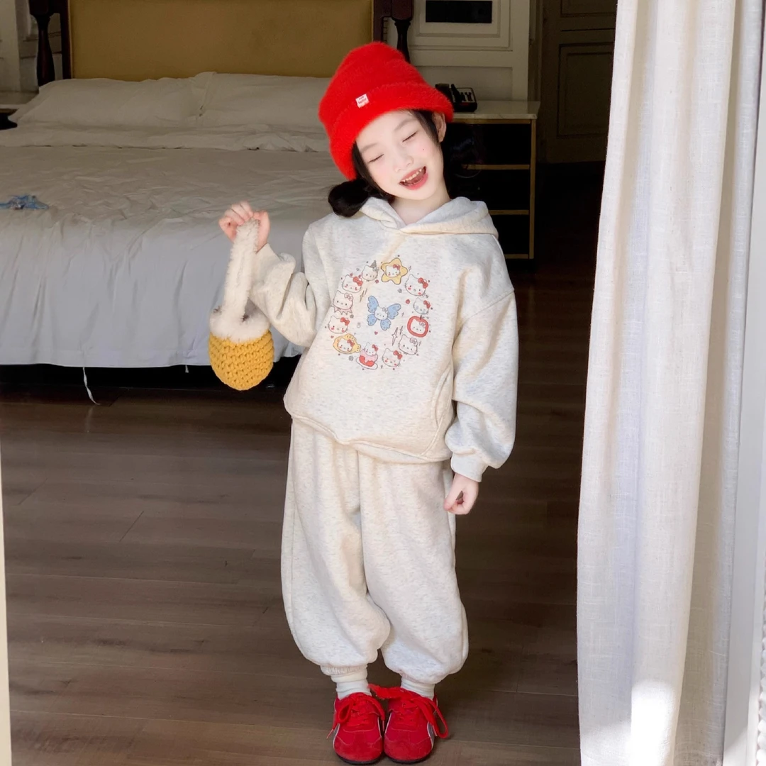 小思家女童2025秋冬季新款韩版休闲加绒连帽卫衣儿童束脚裤套装