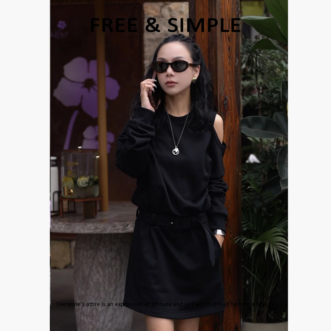 Free&Simple-‘梦莲’早秋款极简时尚小众设计款露肩连衣裙-BK8586