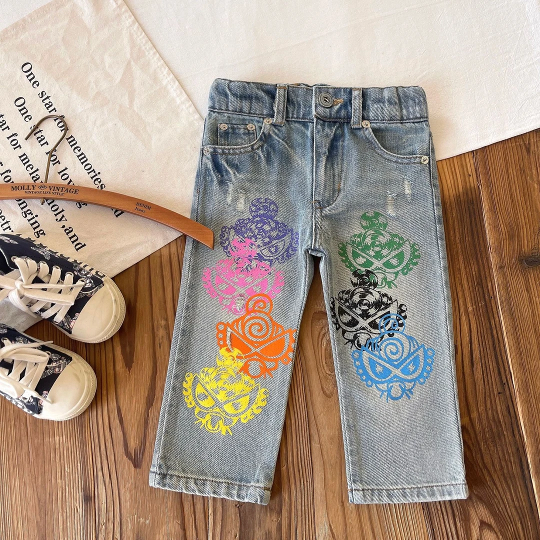 黑超儿童春夏童装彩色涂鸦牛仔裤做旧直筒长裤破洞洋气裤子休闲