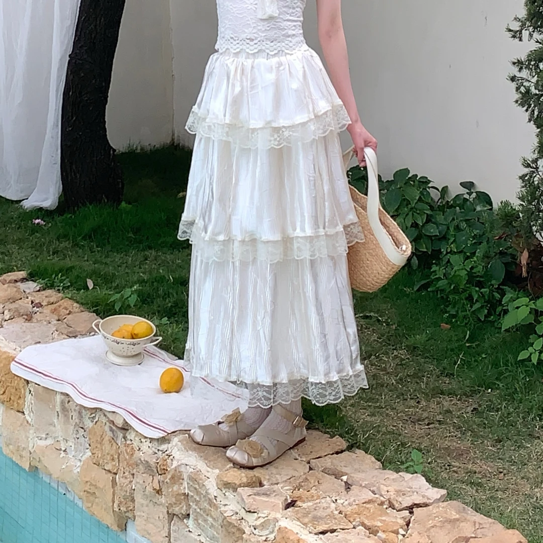 【浪漫藏不住】25213 蕾丝边拼接蓬蓬温柔风高腰蛋糕松紧腰半身裙