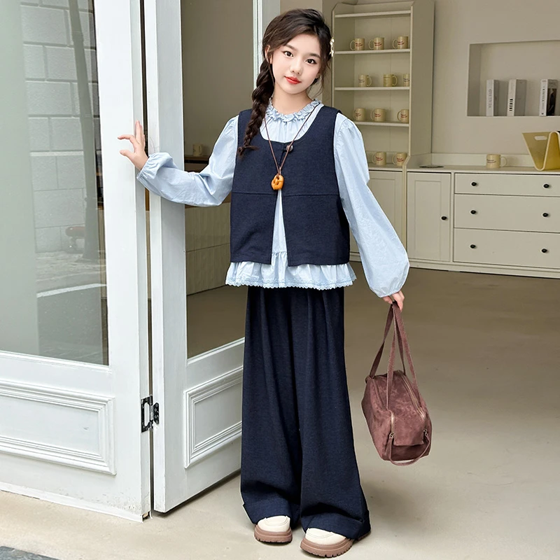 女童秋装套装2025新款洋气儿童春秋款时髦韩版女孩马甲衬衫三件套