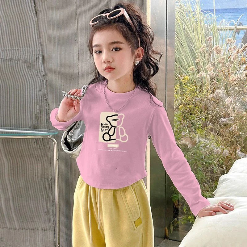 秋冬纯棉中大童女长袖儿童印花圆领t恤弧形设计感ins风打底衫上衣