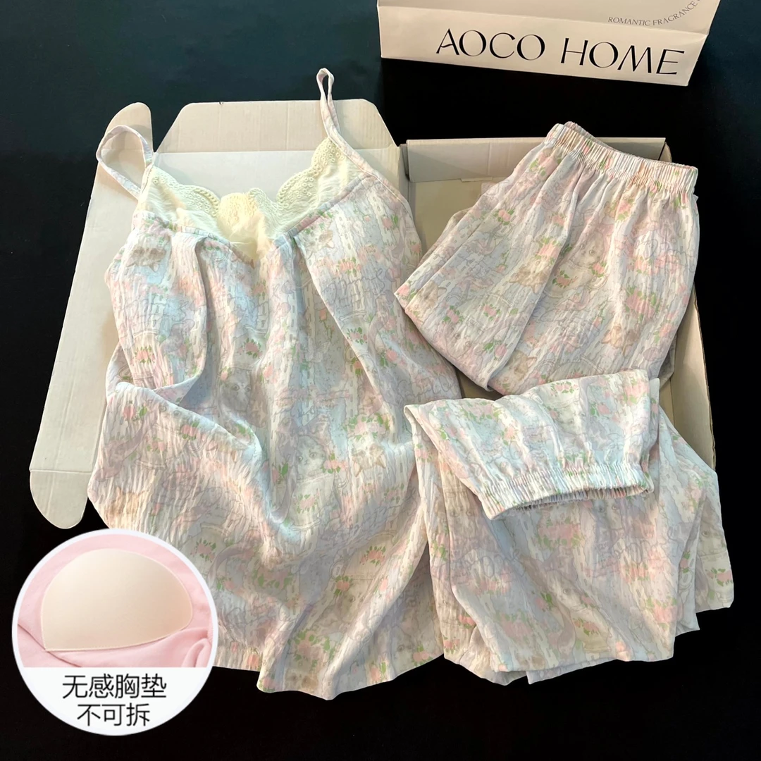 云朵棉睡衣女夏季吊带长裤大码凉感带胸垫三件套装花猫夏天家居服