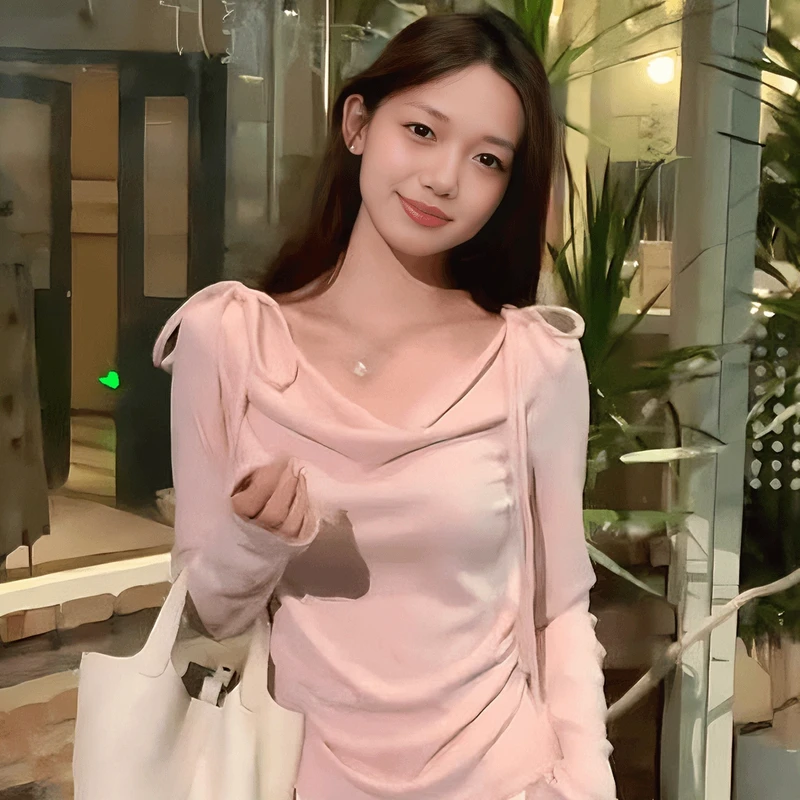 纯欲韩系蝴蝶结荡领长袖T恤女秋季系带修身显瘦上衣