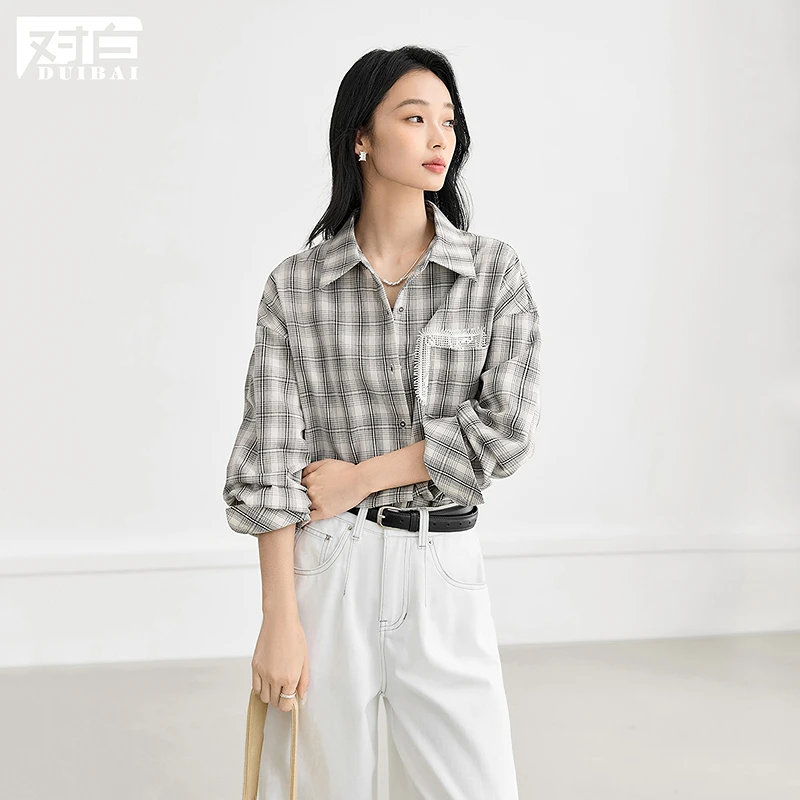 【万达商场】D01对白格纹衬衫外套女衬衣蕾丝拼接长袖上衣FDC157