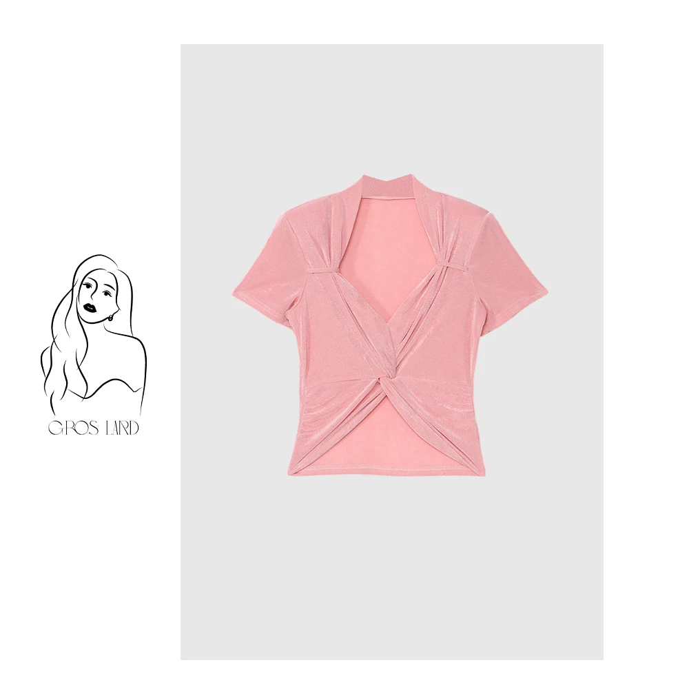 多肉宝贝V领扭结上衣修身显瘦百搭上衣T恤7B25112