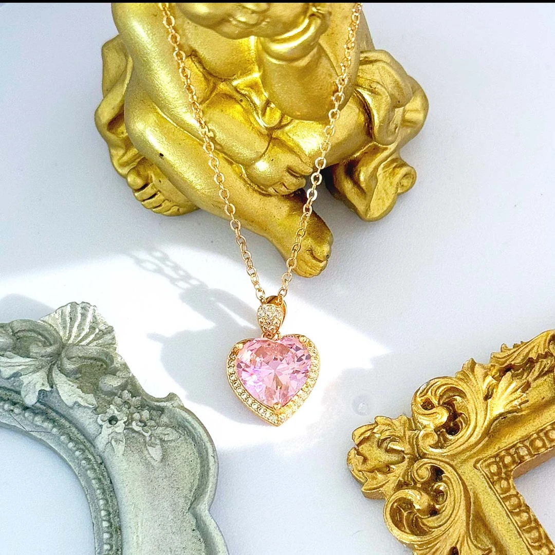 铜合金合成锆石项链 粉色爱心项链 时尚百搭女款 xbj323