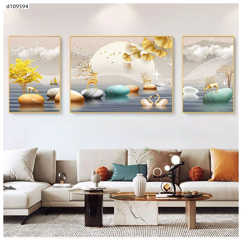 圣玥2025新款三联装饰画石来运转客厅装饰画现代简约轻奢风三联画