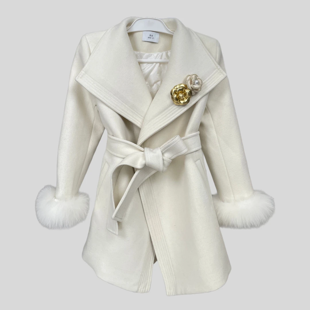 原创设计超时尚气质狐狸毛袖口中长款羊绒大衣高端