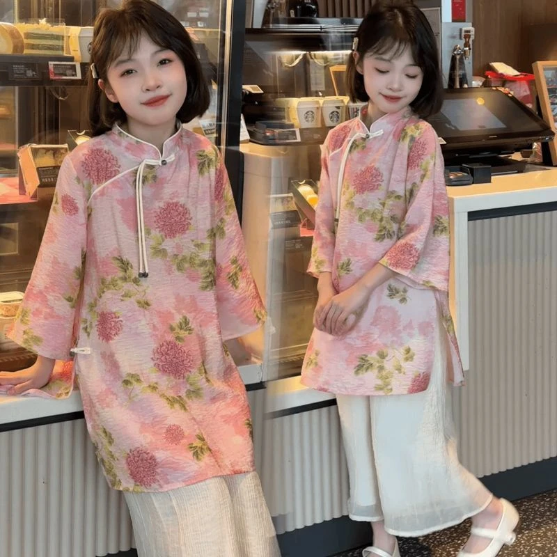 女童新中式牡丹花旗袍连衣裙套装2025新款儿童中国风古装汉服裙裤