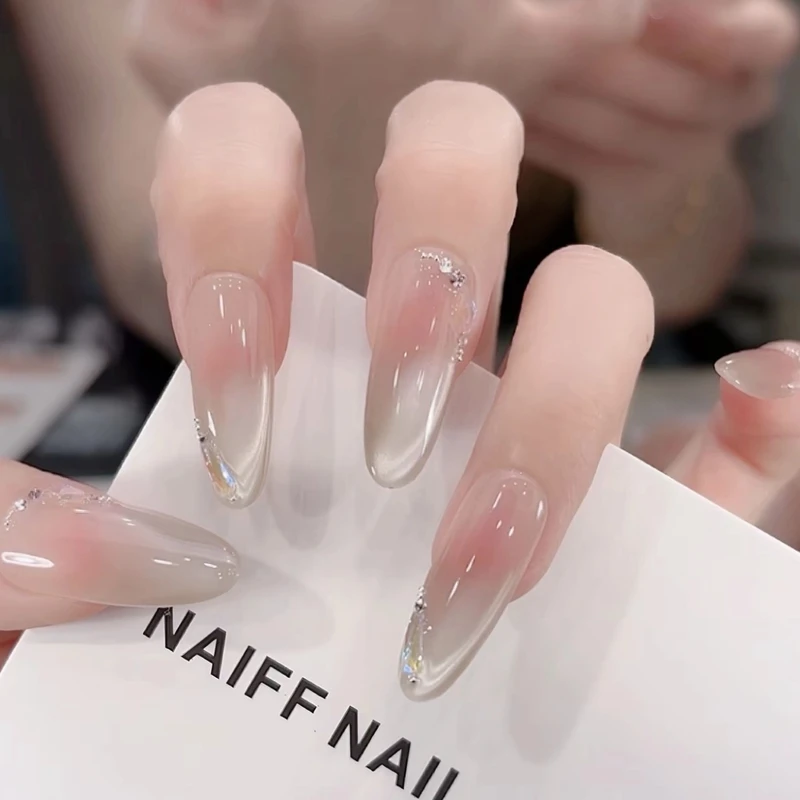 猫眼纯手工绘显白美甲穿戴甲渐变短款穿戴甲气质冰透夏日梯形裸色