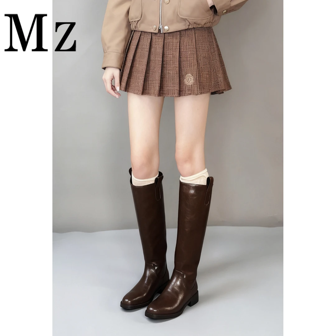 Mr.Zheng/3.5cm/赵露思同款靴子棕色真皮骑士靴不过膝长靴女靴