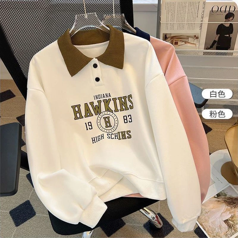 2-300斤特大码polo领卫衣女春秋外套宽松显瘦长袖t恤设计感上衣潮