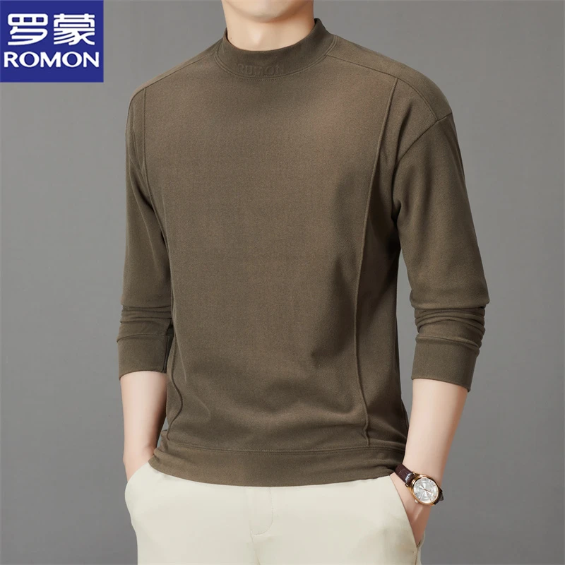 罗蒙半高领男士T恤秋冬季新款修身不易变形打底衫纯色内搭卫衣潮