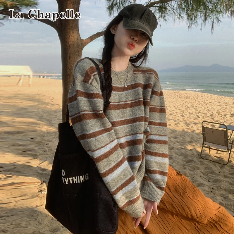 拉夏贝尔韩版温柔软糯宽松条纹撞色毛衣女秋冬圆领加厚套头针织衫