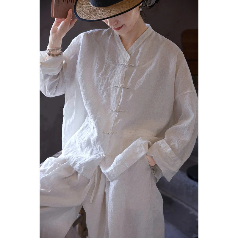 清新夏日【民艺】夏东方白苎麻轻盈亲肤中式V领盘扣小衬衫2501