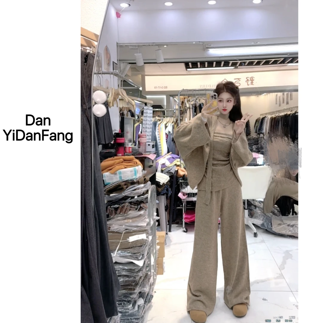 【丹丹专属】套装慵懒风时尚针织抹胸罩衫外套阔腿裤套装韩系洋气