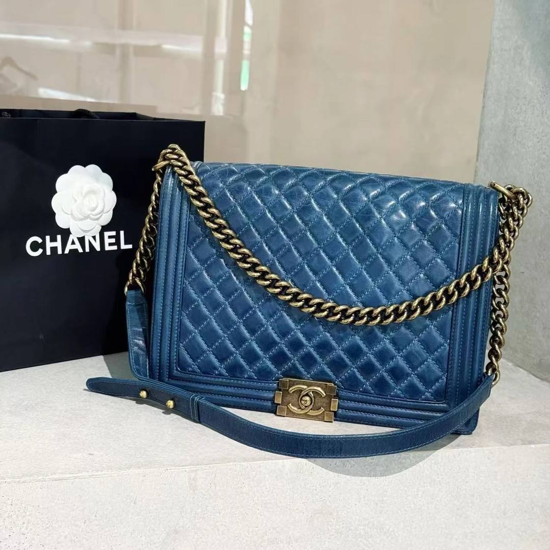 95新 Chanel/香奈儿 Leboy深蓝色大号17开 做旧复古金扣 牛皮菱格