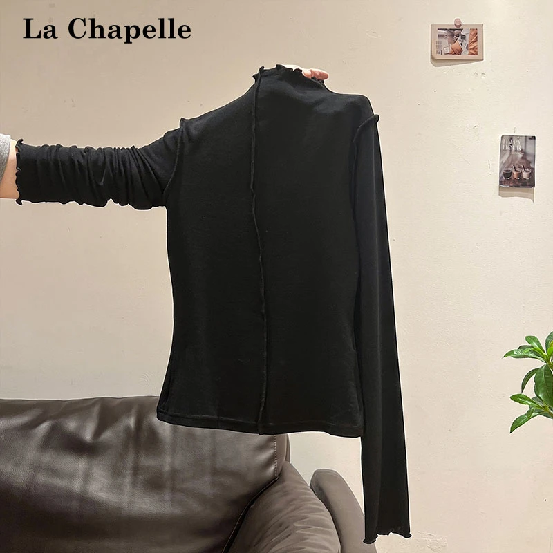 拉夏贝尔黑色半高领木耳边高级感打底衫女秋季修身T恤简约小上衣