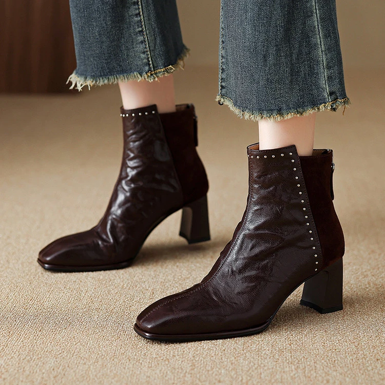 里外羊皮6.5cm～方头复古高跟短靴显瘦气质马丁靴女时装靴短筒粗跟