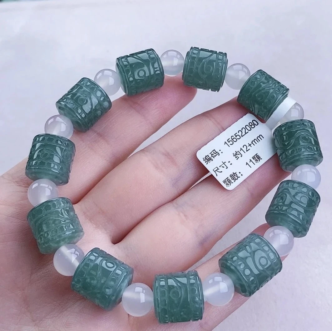 天然A货翡翠手串 卡12 冰种蓝水满绿路路通手串 特色 复古 雕刻