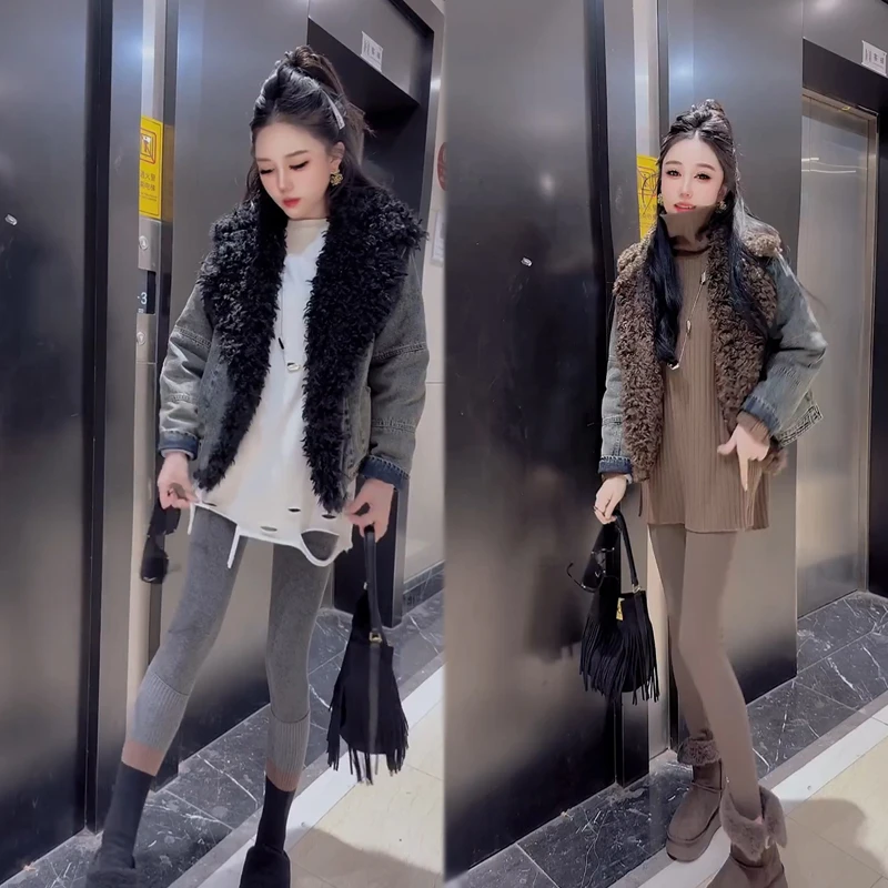 QDD【2590】洋气简约通勤拼接牛仔外套2025冬季新款休闲皮毛一体