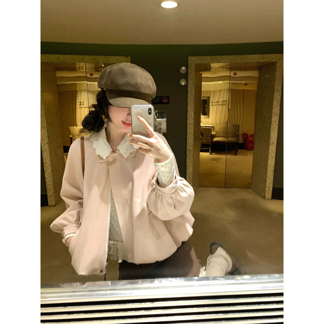 焦糖泡芙 秋季新款美拉德百搭外套花边领麂皮花苞外套7236今