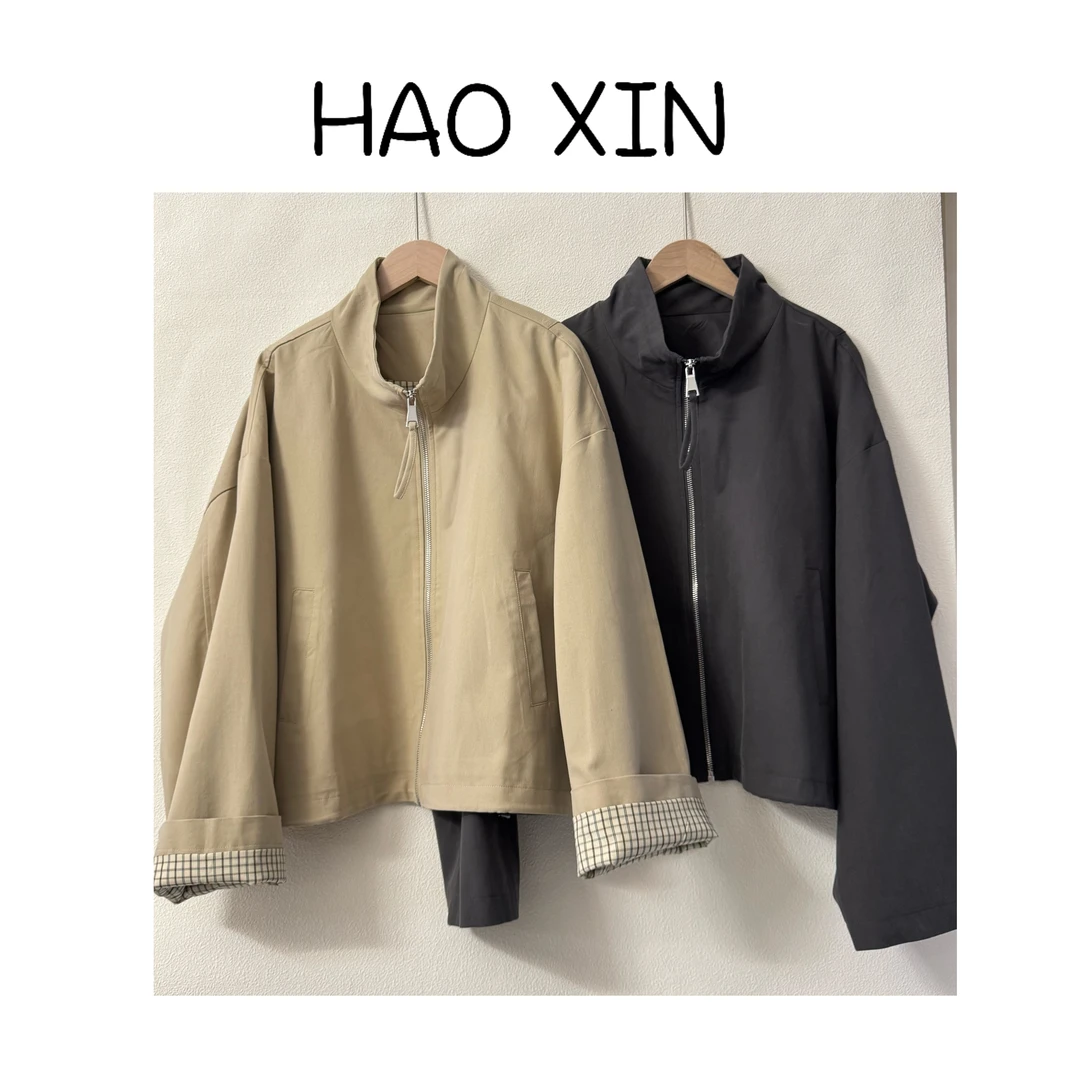 HX 高端设计感韩系格子翻袖休闲宽松外套