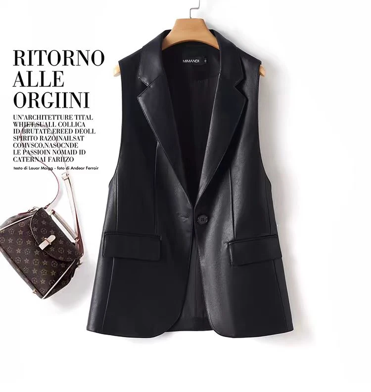 海宁真皮马甲女中长款西服一粒扣坎肩马夹绵羊皮无袖皮衣西装外套