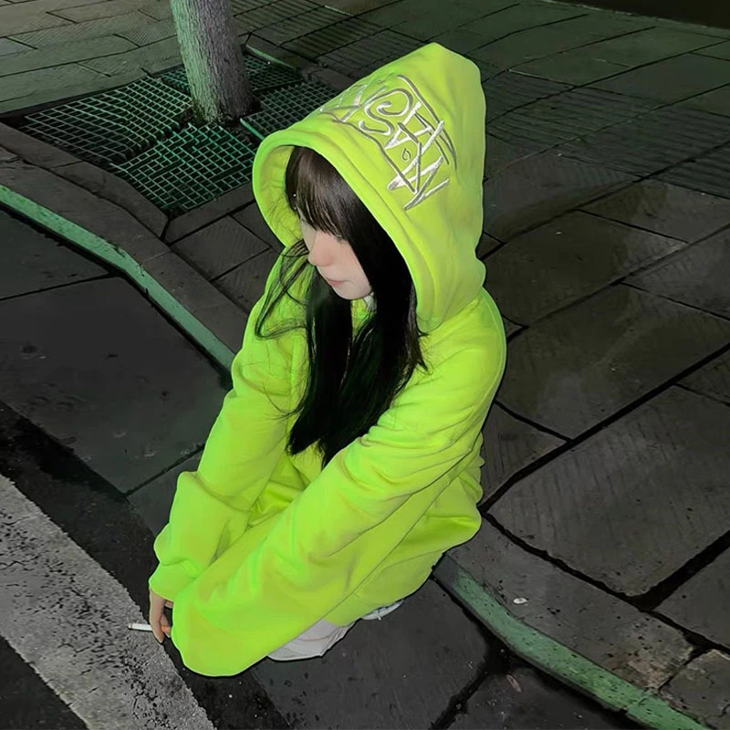 小众字母刺绣连帽卫衣女秋冬设计感美式高街宽松加绒加厚外套上衣