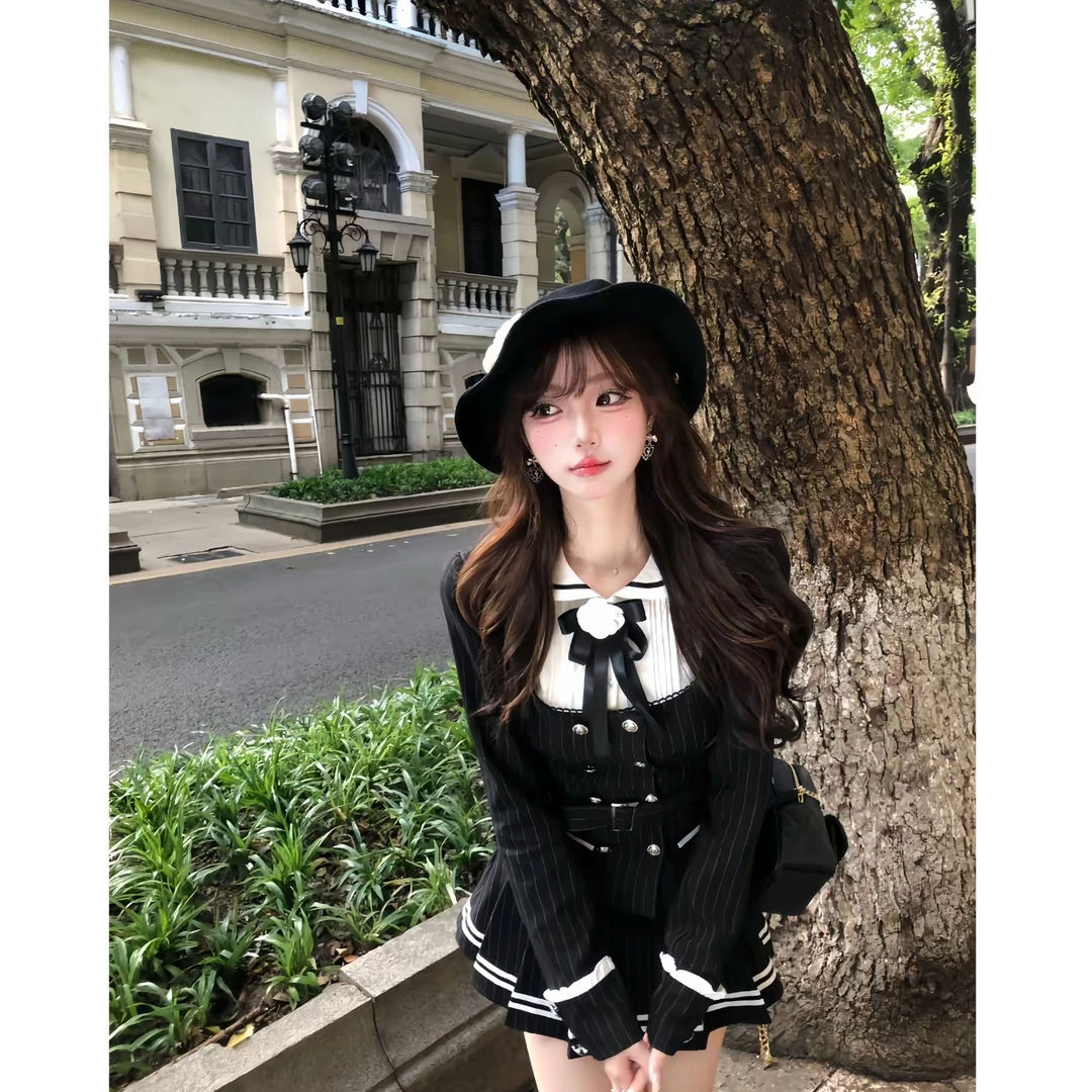 黑道千金 秋季新款复古非正式学院风休闲西装收腰假两件外套短裙