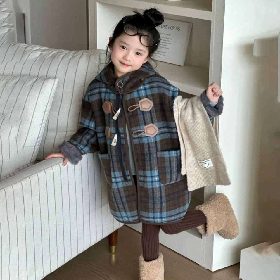 儿童2025秋冬款男女童韩版格子连帽一体绒大衣儿童休闲中长款童装