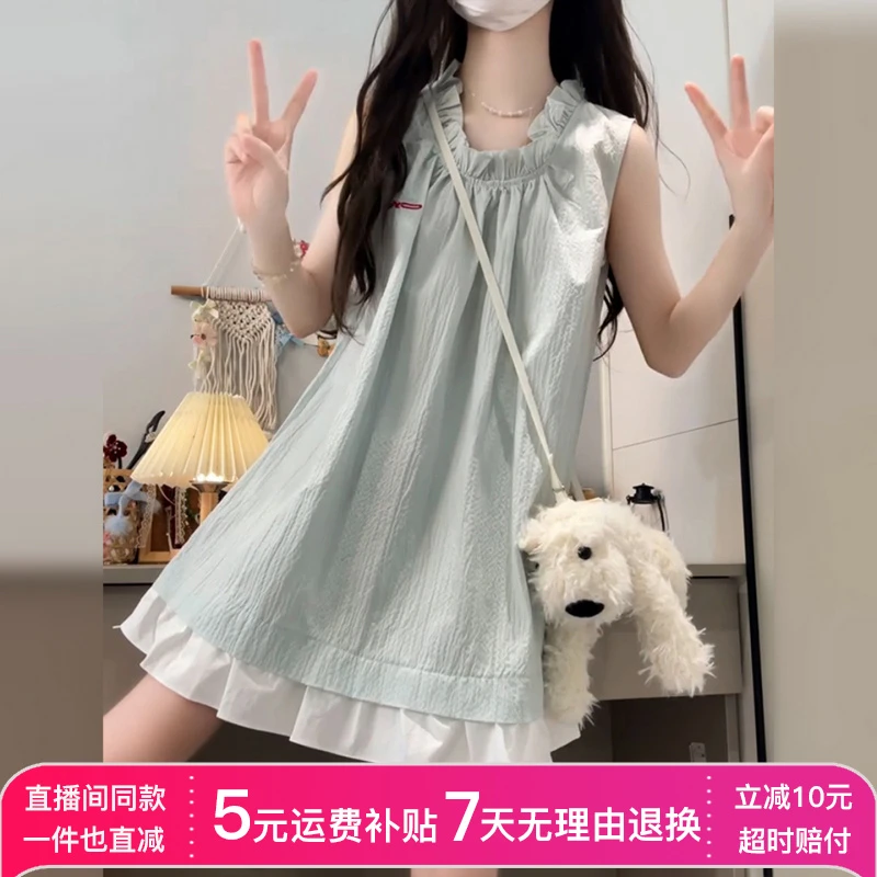 法式绿色无袖背心连衣裙子女装夏季穿搭2025新款今年流行吊带短裙