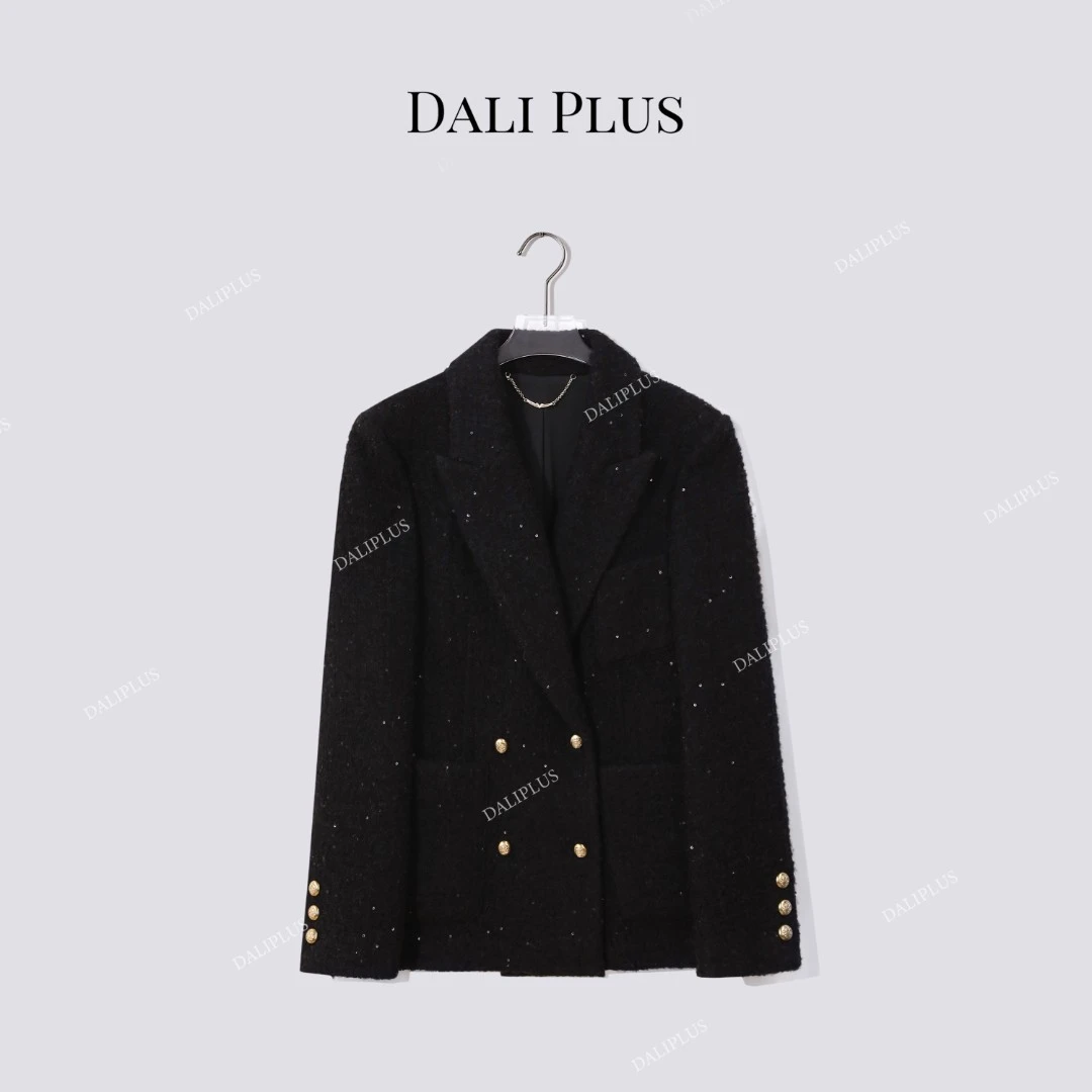 DALI PLUS“黑闪香风呢西装”羊驼羊毛呢双排金扣呢外套-D5CH5041