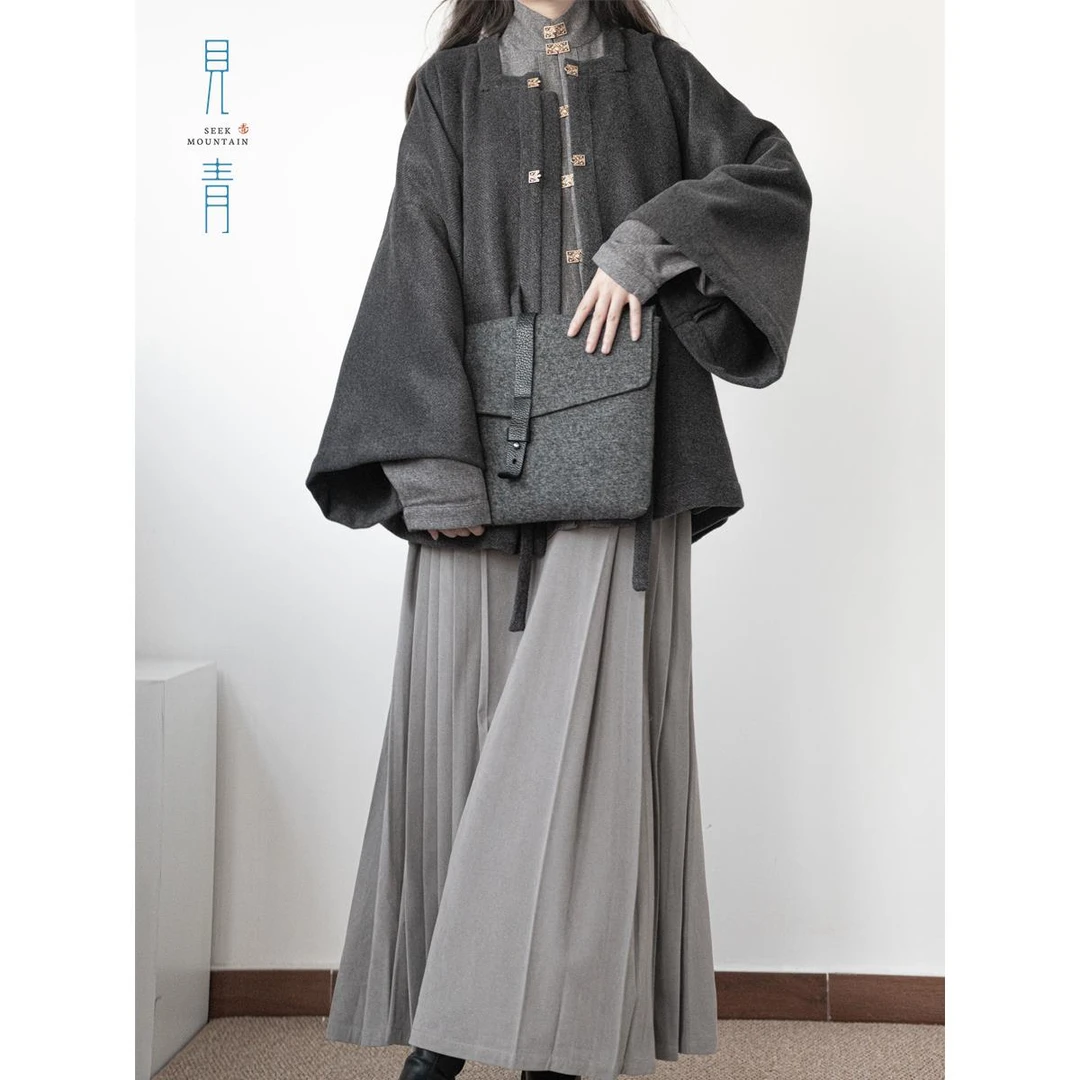 见青「带点灰」明制方领半袖立领弓袋袖松紧腰马面裙日常通勤汉服