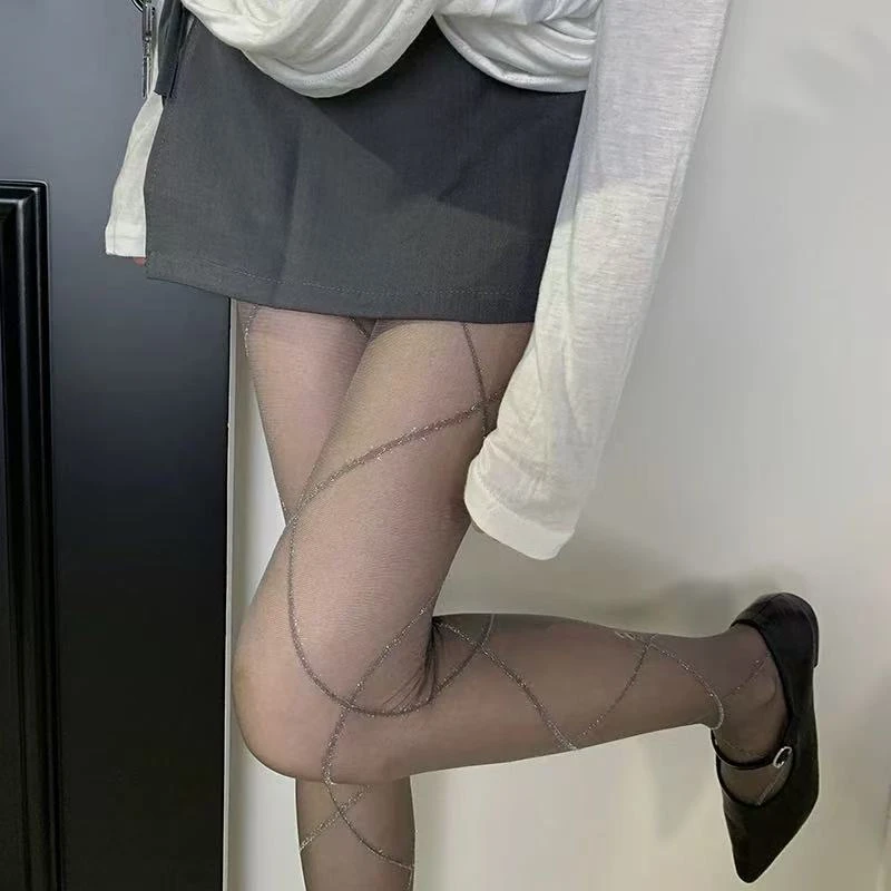 灰色丝袜女性感菱形格交叉条纹珠光银葱闪亮纯欲法式复古打底裤袜