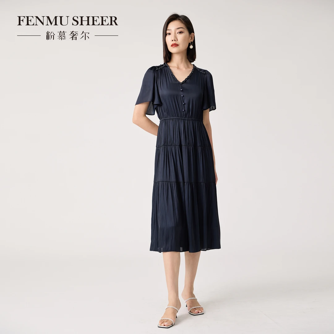 【莉莉专属】粉慕奢尔『松茶情书』亲肤海岛丝缎荷叶袖连衣裙-D2208