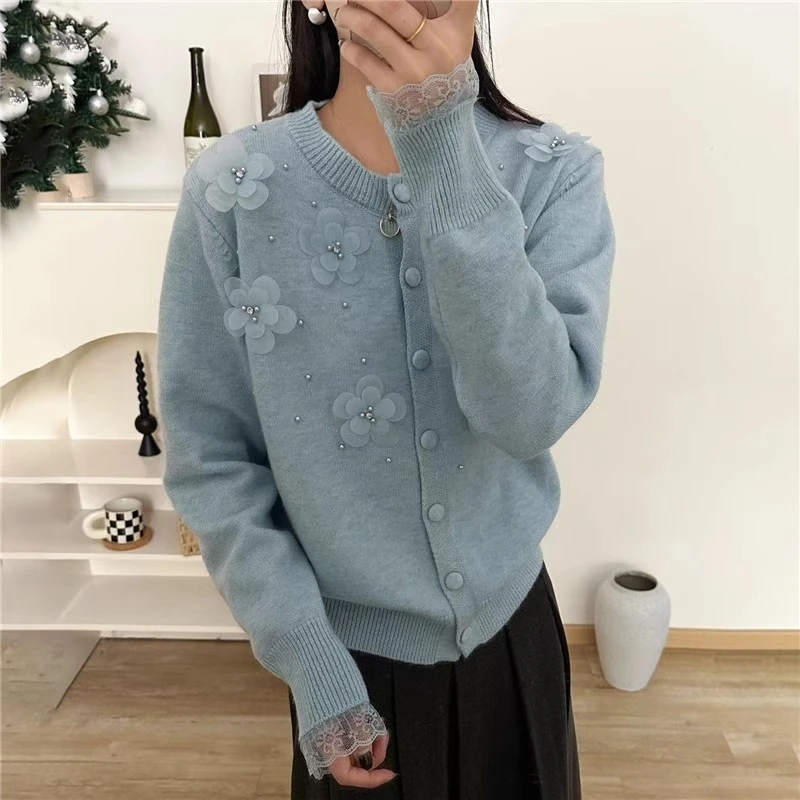 重工立体花朵钉珠毛衣针织开衫秋冬女百搭气质宽松显瘦内搭上衣