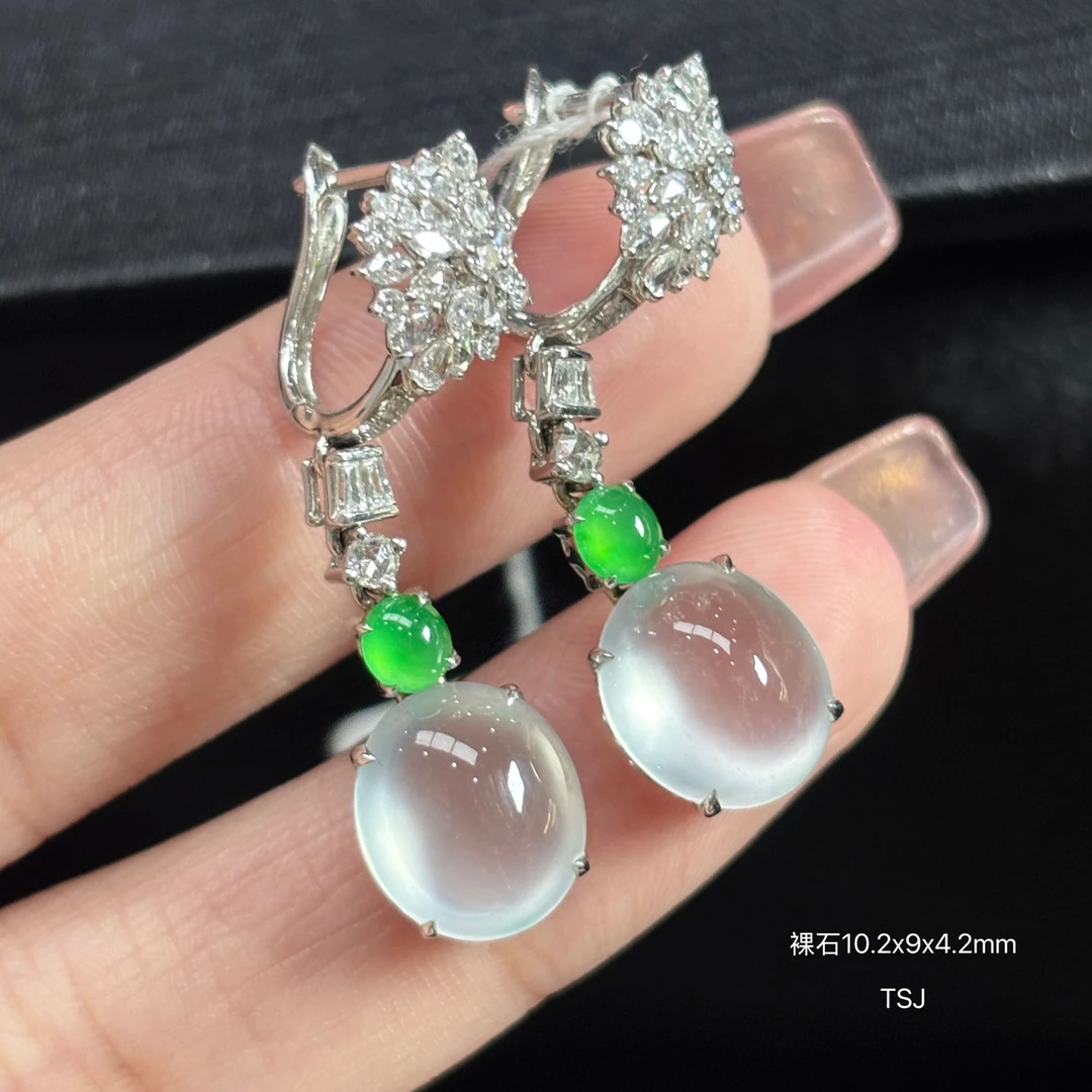 《缅甸翡翠珠宝严选》冰种雪花棉蛋面耳饰（下单咨询客服）TSJ