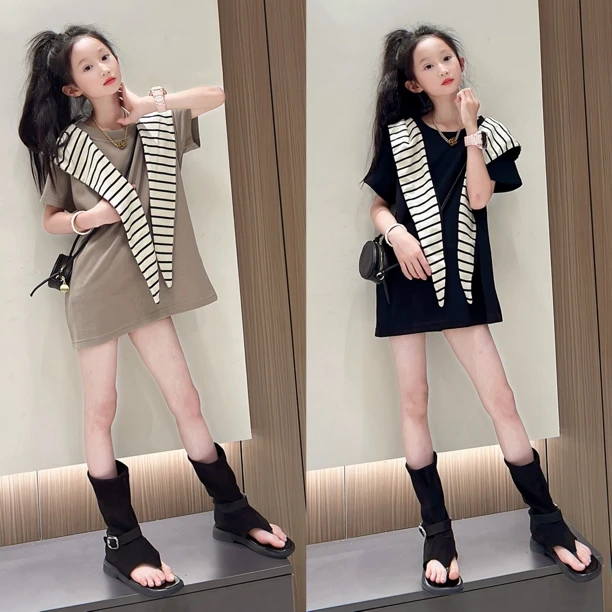 女童条纹连帽T裙连衣裙夏季新款短袖韩版洋气女孩儿童时尚裙子