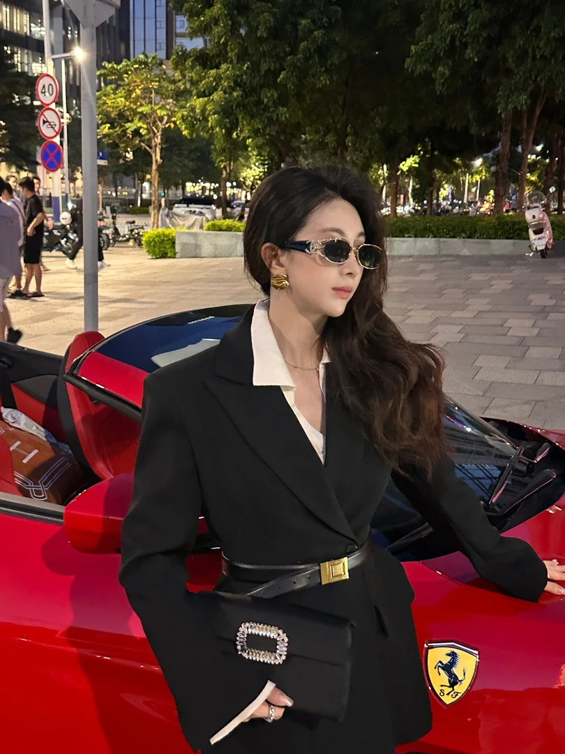 CHANGE常规款中长款女戗驳领常规袖西装上衣休闲潮流黑色