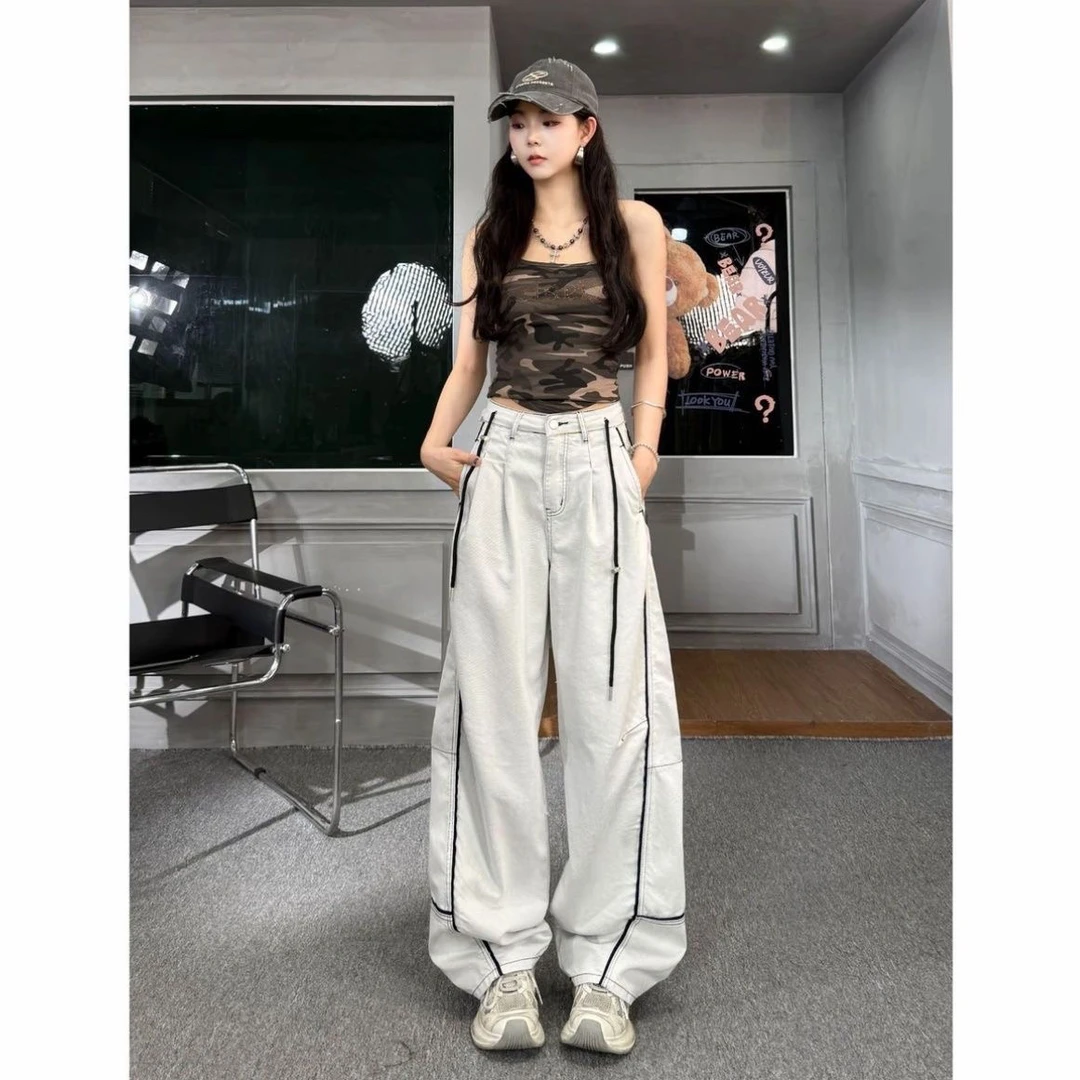 美式复古新款高腰显瘦立体裁剪线条感显瘦拼色弯刀裤牛仔裤阔腿裤