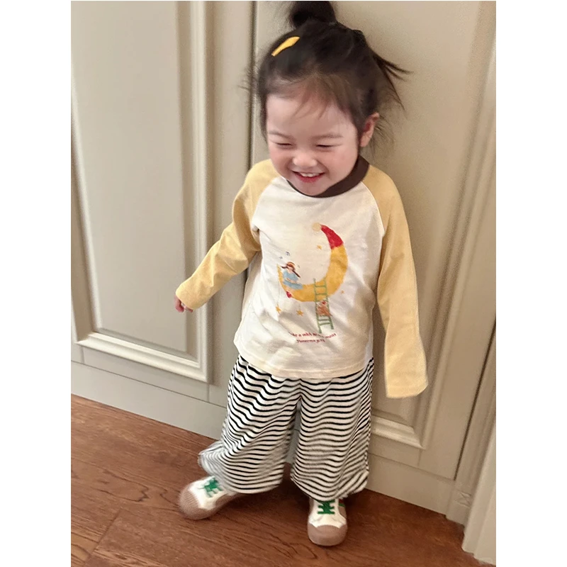 壹妈韩版童装女童春季洋气儿童卡通黄色上衣条纹休闲裤宝宝两件套