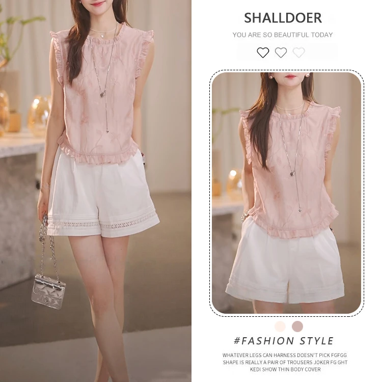 韩版时尚减龄套装女2026夏季新粉色无袖衬衫上衣休闲阔腿裤两件套