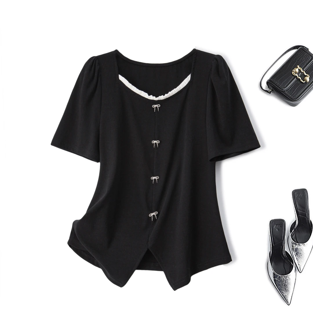 大码女2025夏装时尚法式减龄时尚上衣胖mm小个子遮肉短袖t恤64373