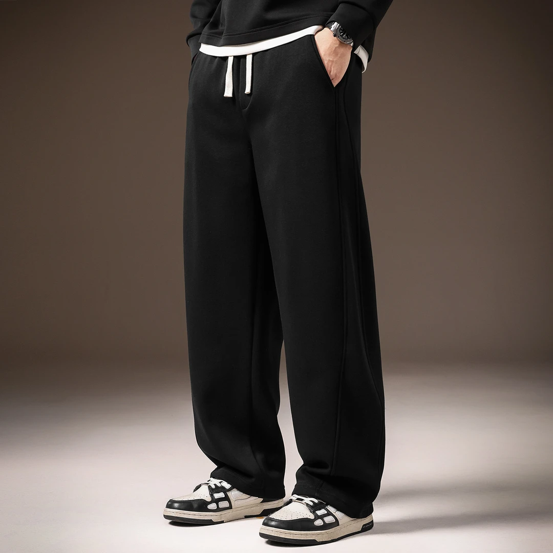 高端美式潮牌重磅卫裤男士冬季加绒加厚宽松直筒弯刀弹力休闲裤男