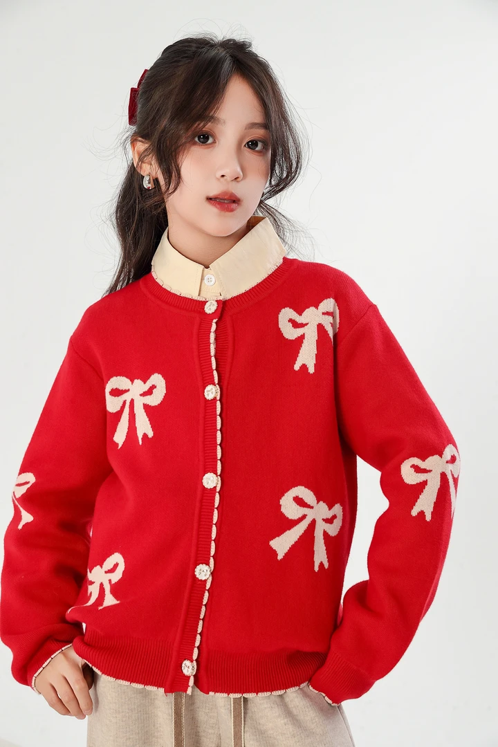 年服女大童秋冬蝴蝶结开衫外套可爱精致百搭毛衣-HTZ83027
