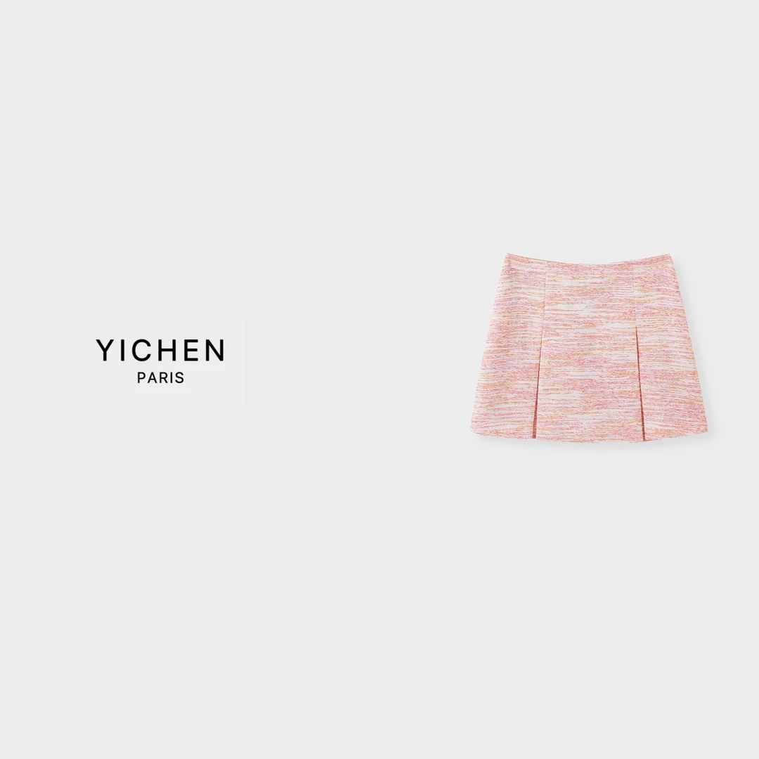 YC 嫩粉色编织软花呢A字压褶半身短裙-1973