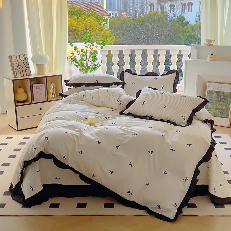 新款韩式花边纯棉蝴蝶结床盖四件套绗缝夹棉防滑三件套四季通用